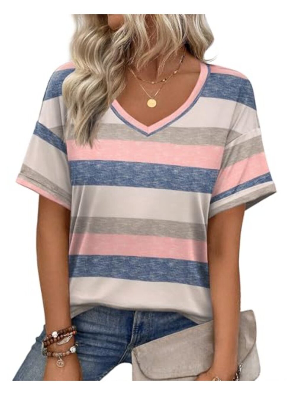 Women's V-Neck Short Sleeve Loose Fit Casual Tee T-Shirt